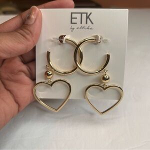 NWT ETK by ETTIKA Gold Hoop and Heart Earrings Dangle 18K Gold